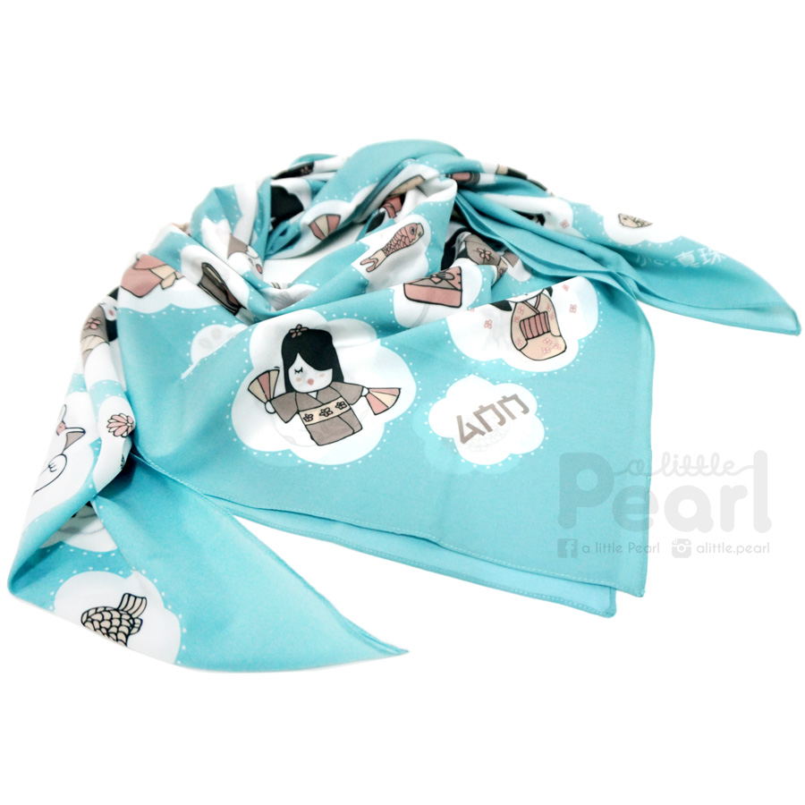 ผ้าพันคอสั่งทำใส่ชื่อ ลาย Japanese Dolls - Mint