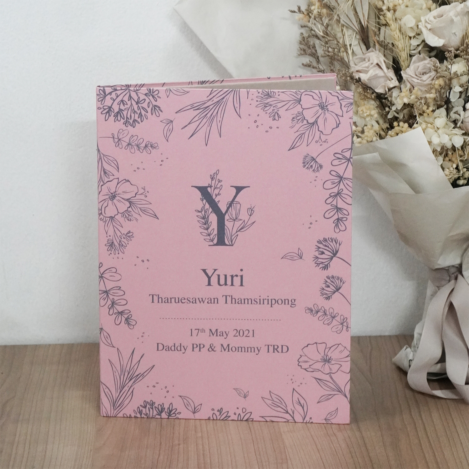 แฟ้มทะเบียนสมรส/สูติบัตร สั่งทำใส่ข้อความ ลาย Botanical - Pink
