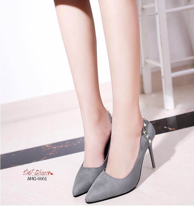 รองเท้าคัทชูส้นสูงแต่งมุก (สีเทา)