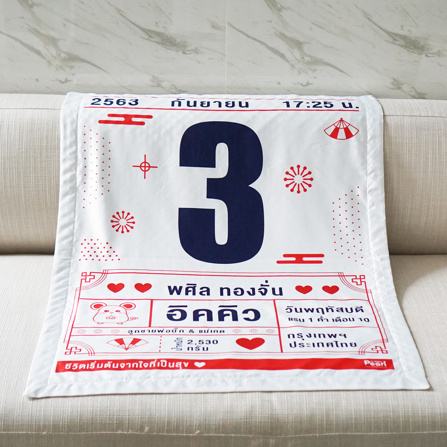 ผ้าห่มเด็ก ใส่ประวัติแรกเกิด ลาย Chinese Calendar - White/Navy