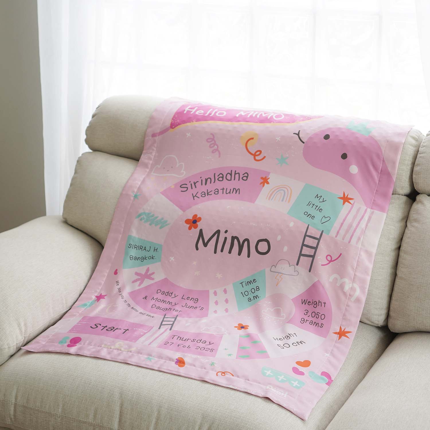 ผ้าห่มเด็ก สั่งทำใส่ชื่อ ลาย Snake and Ladders - Pink