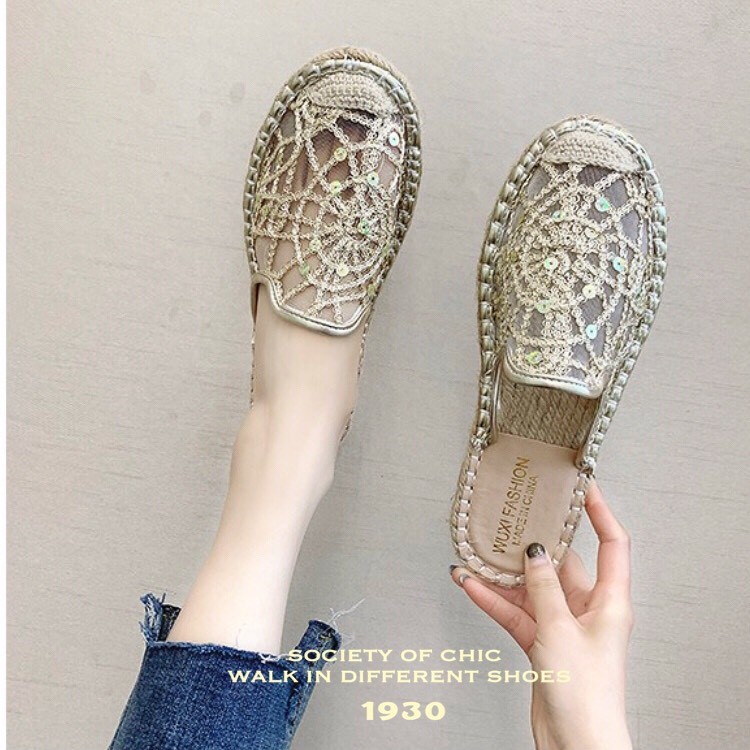 รองเท้าแตะผ้าลูกไม้แต่งเลื่อม (สีชมพู)