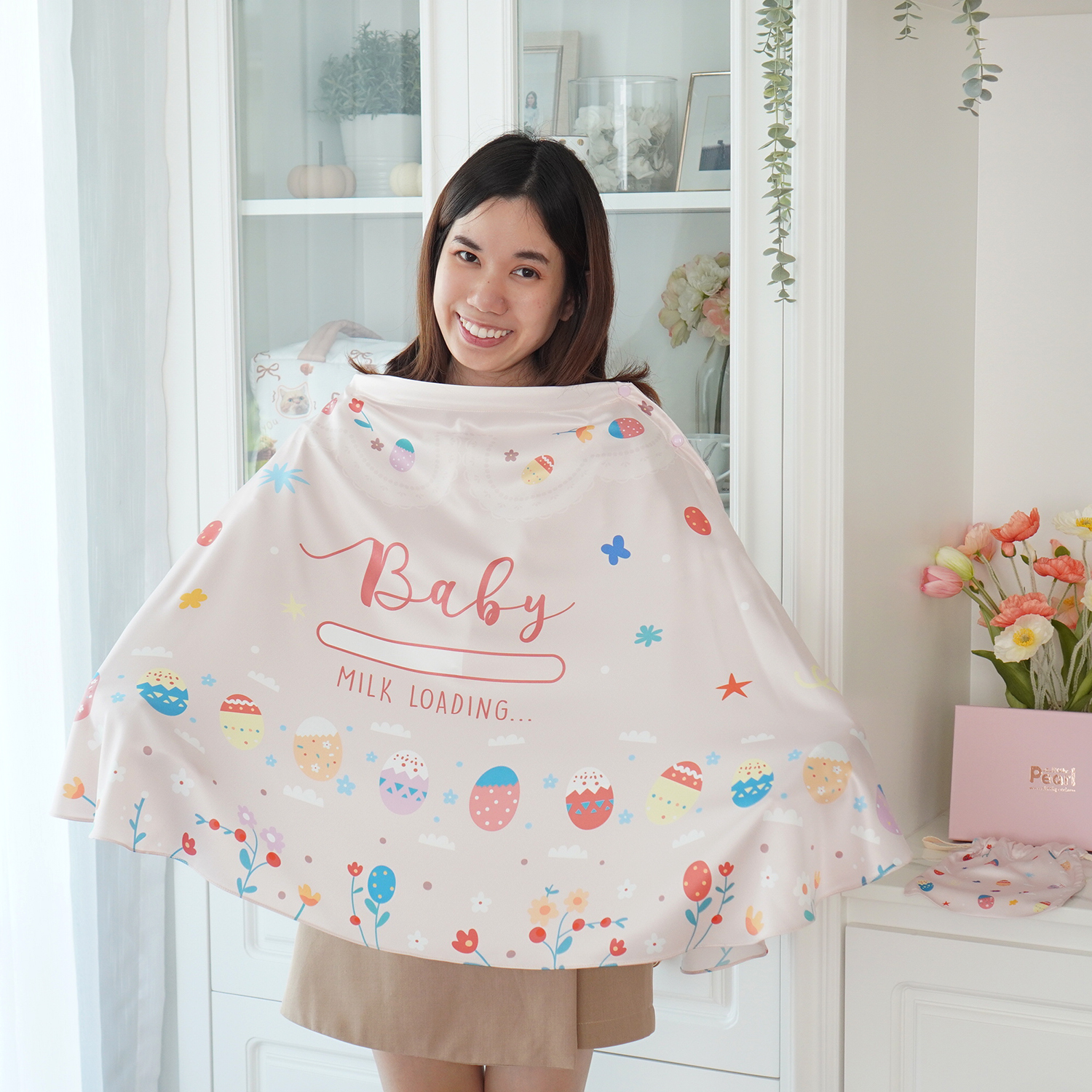 ผ้าคลุมให้นม (รุ่นมีกระดุม ถอดโครงได้) พร้อมส่ง ลาย Easter Egg - Pink