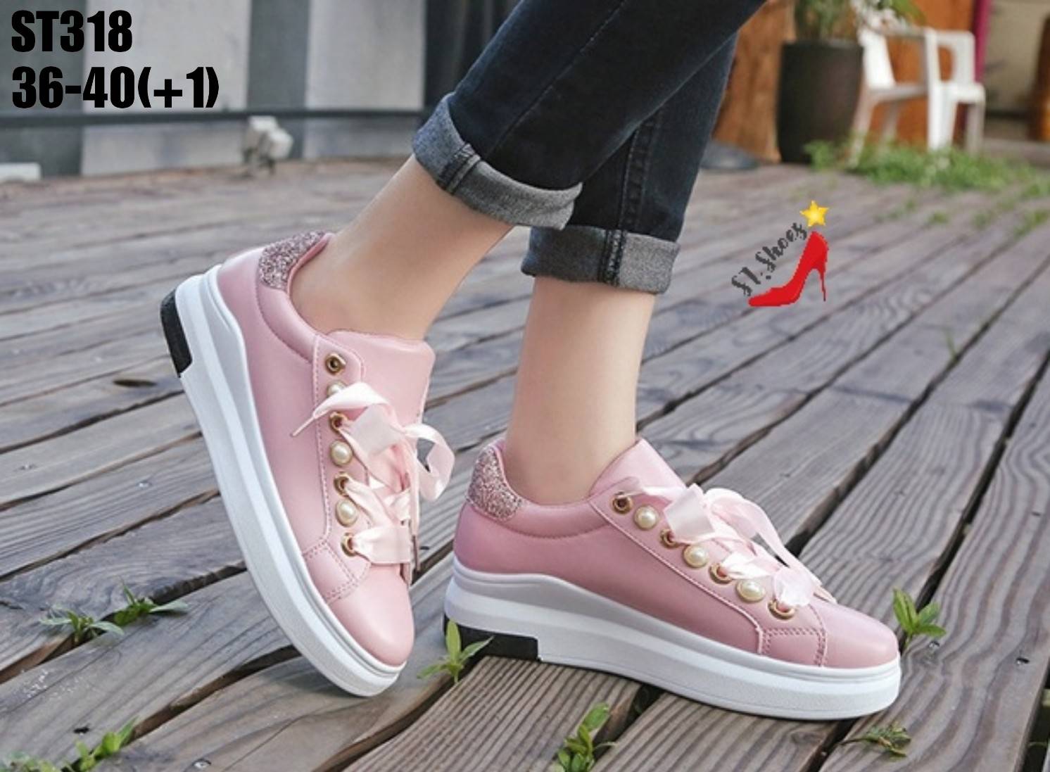 รองเท้าผ้าใบแต่งมุกแฟชั่น (สีชมพู)