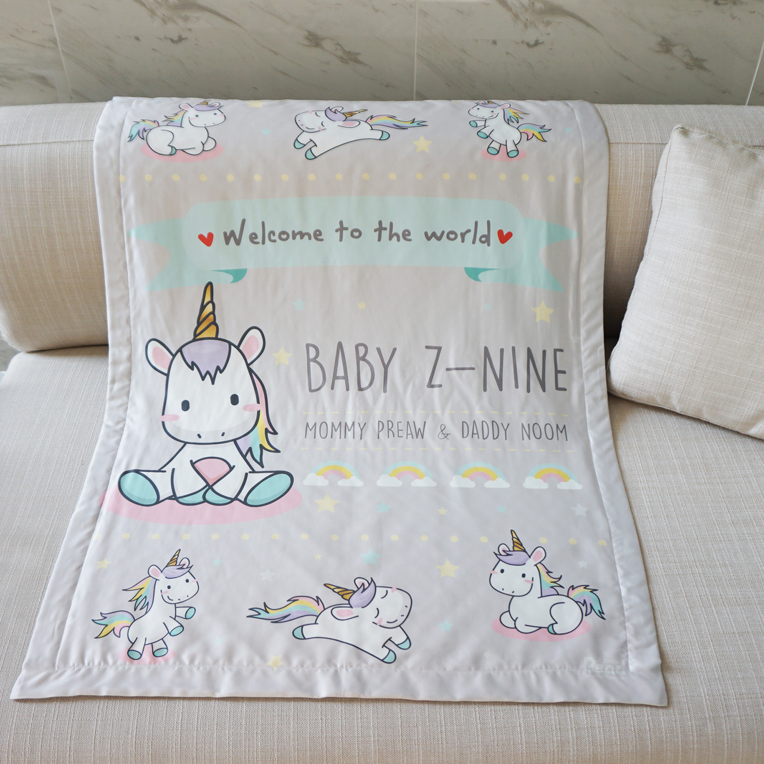 ผ้าห่มเด็ก ใส่ชื่อ ลายยูนิคอร์น - Unicorn - Grey