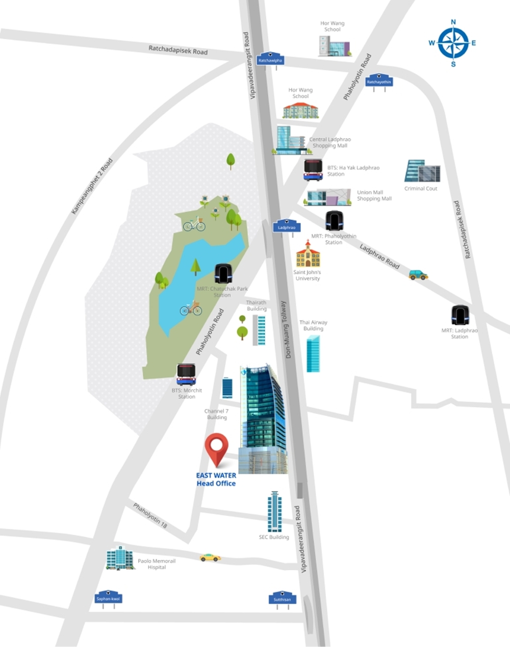 东水大厦 |泰国曼谷 Si Rat 高速公路和 Don Mueang 收费公路附近 Vibhavadi Rangsit 路甲级办公室出租。