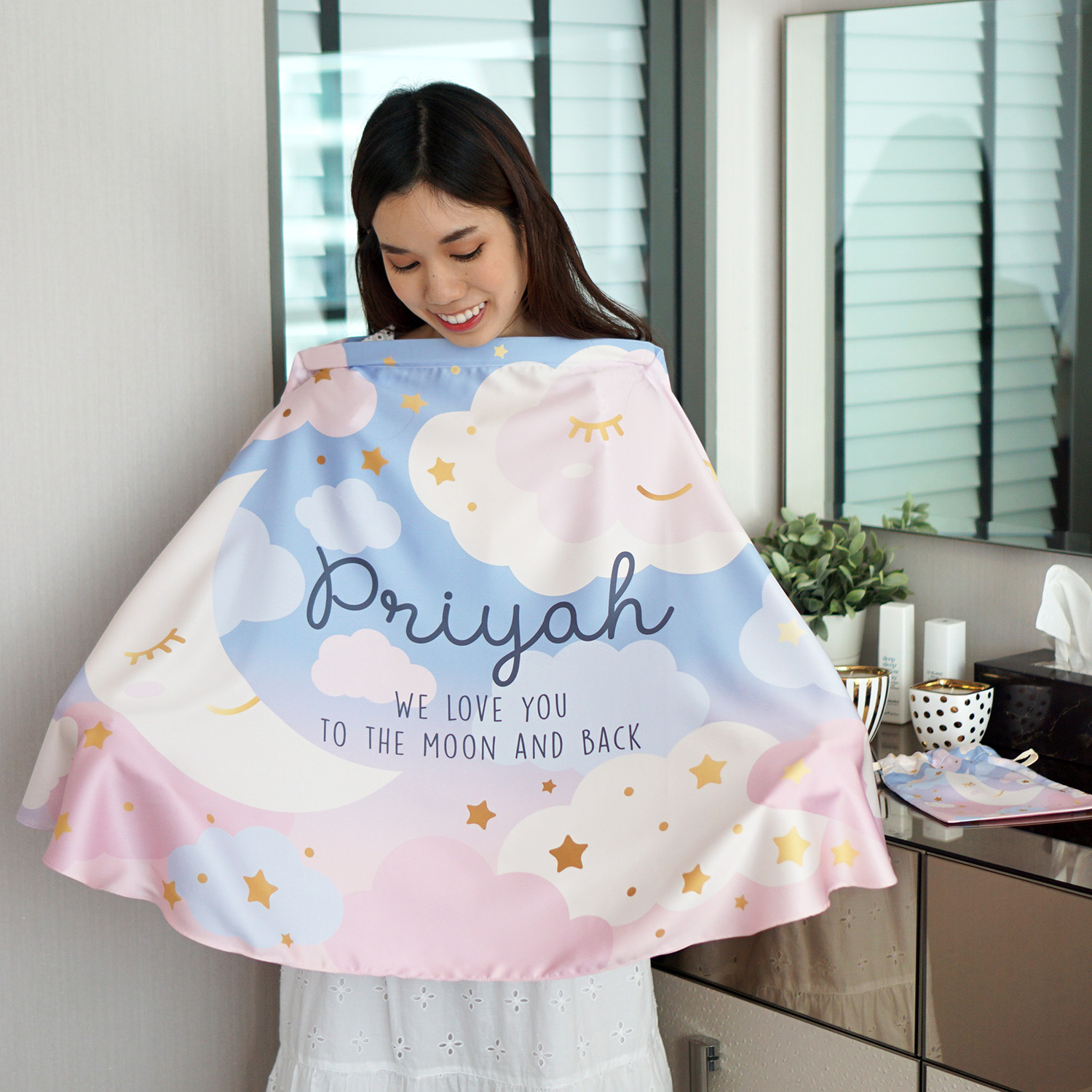 ผ้าคลุมให้นม สั่งทำใส่ชือ ลาย Moon - Blue Pink