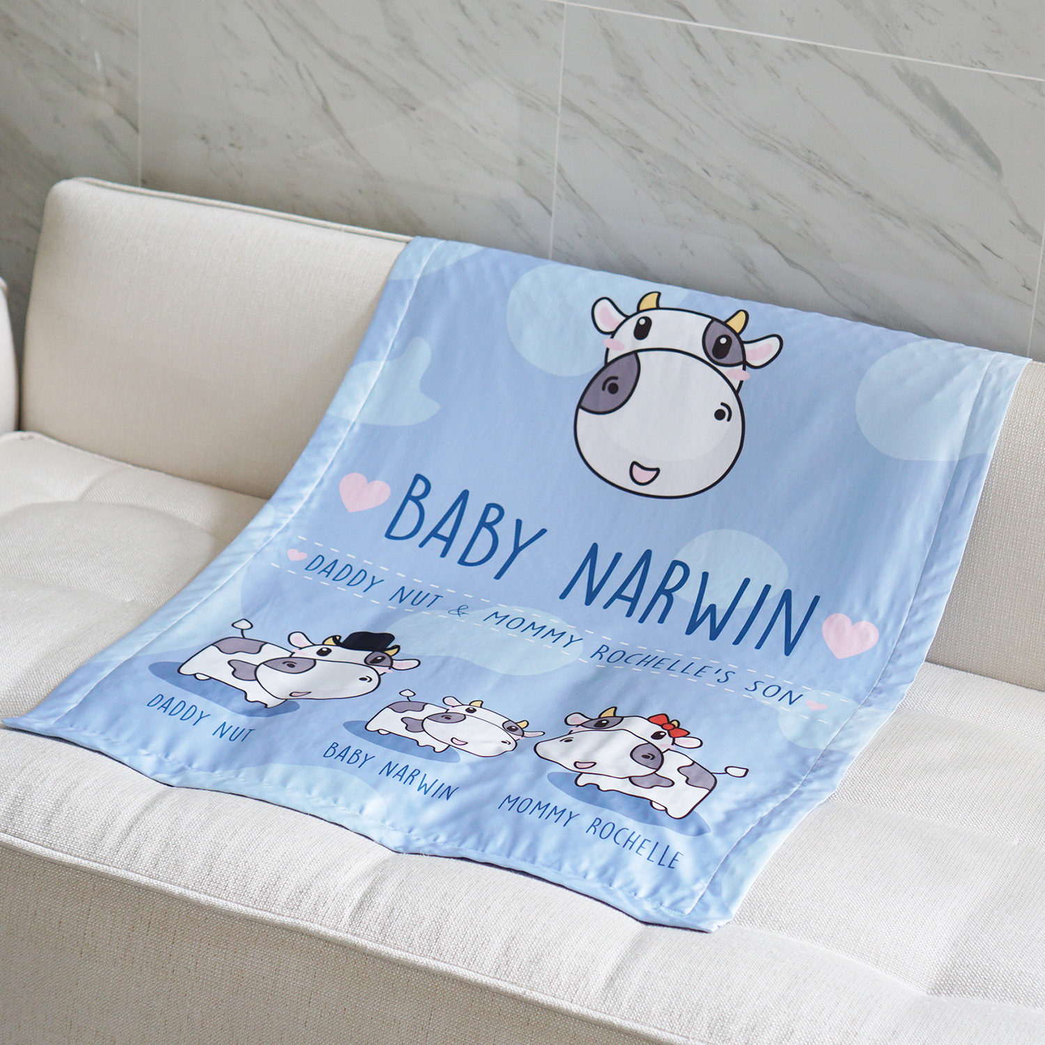 ผ้าห่ม สั่งทำใส่ชื่อ ลาย Cow1 - Indigo