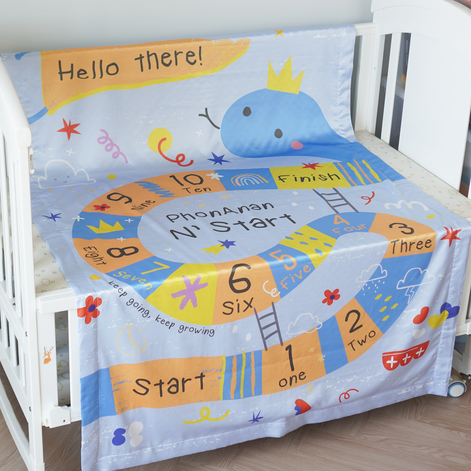 ผ้าห่มเด็ก สั่งทำใส่ชื่อ ลาย Snake and Ladders - Blue