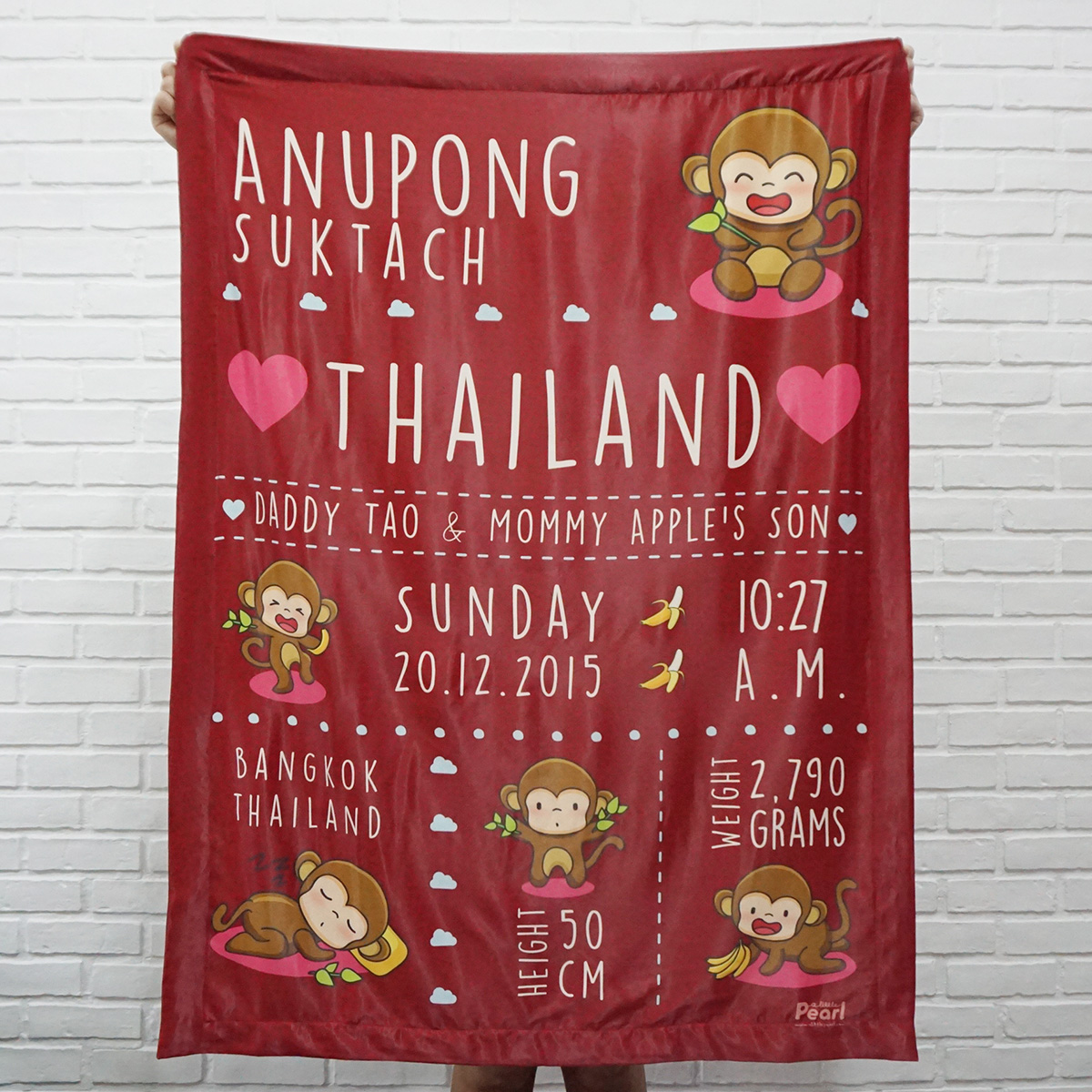ผ้าห่มเด็ก ใส่ประวัติแรกเกิด ลายลิง สีแดง / Monkey - ฺRed
