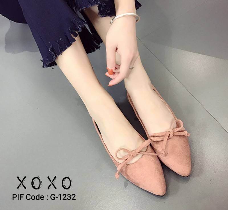 รองเท้าส้นแบนทรงวีแต่งโบว์คาด (สีชมพู)