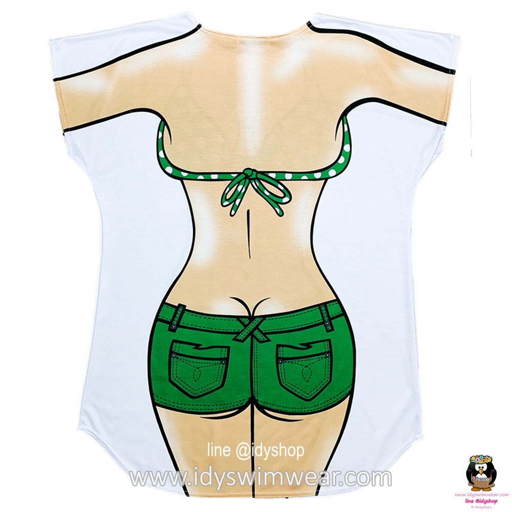 เสื้อสกรีนบิกินี่ ลายจุด ขาสั้น เขียว เสื้อยืด สกรีนหน้าหลัง ขนาดฟรีไซส์ รอบอก 45 นิ้ว ยาว 33 นิ้ว
