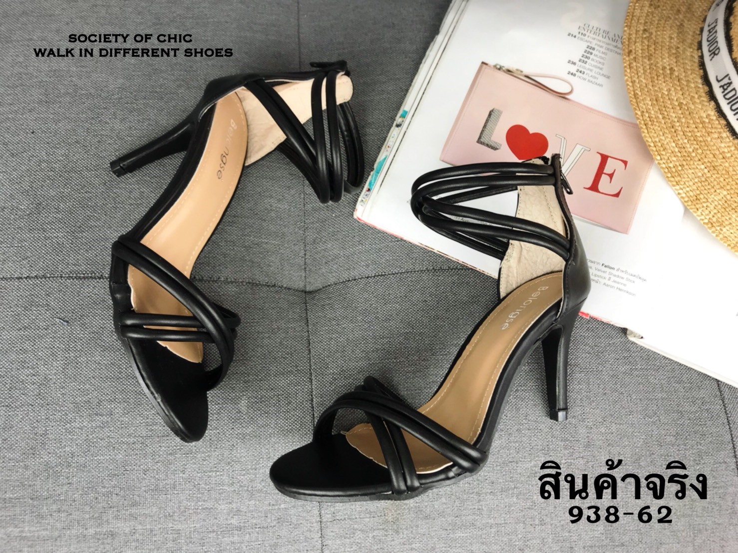 รองเท้าส้นสูงสายไขว้แต่งซิปหลัง (สีดำ)
