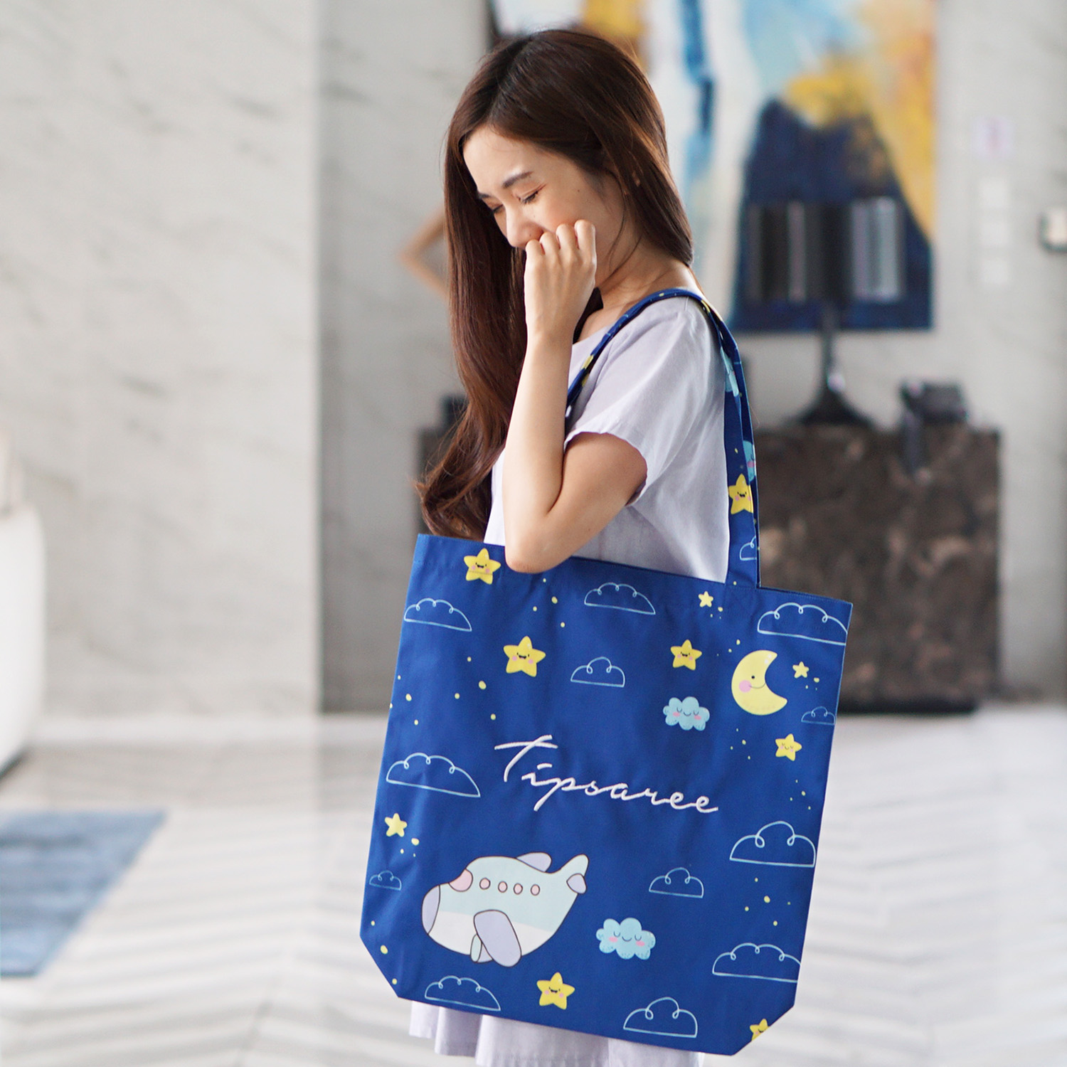 กระเป๋าผ้าแคนวาส ปักชื่อ ลาย Plane - Navy