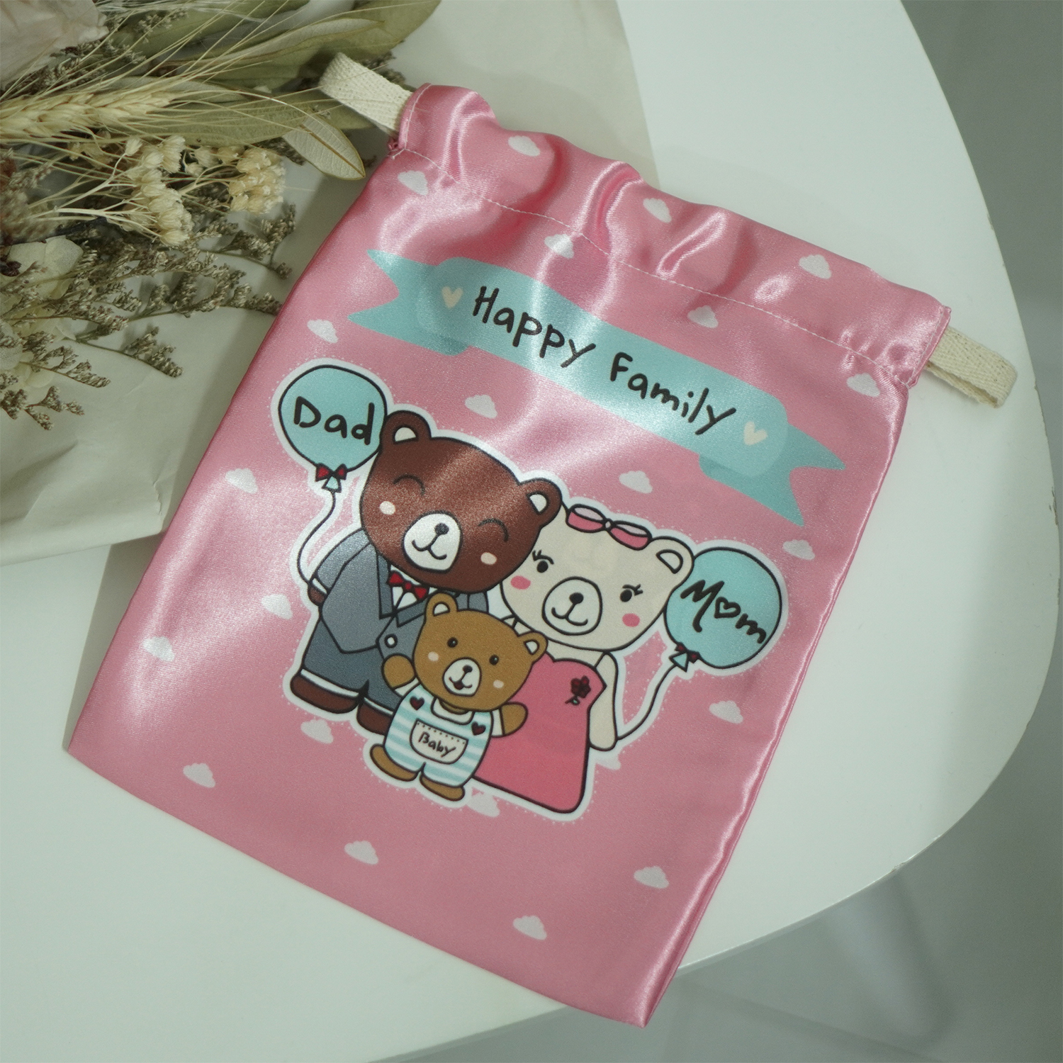 ผ้าคลุมให้นม สั่งทำใส่ชือ ลายครอบครัวหมี สีชมพู