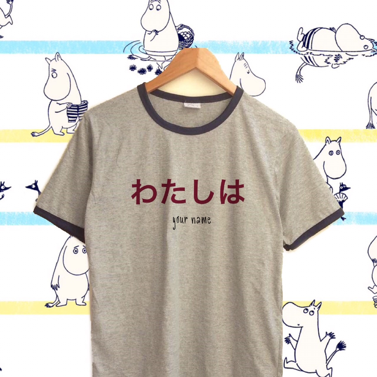 เสื้อยืด กุ๊นคอ สกรีนชื่อ/อักษร/ข้อความ ภาษาญี่ปุ่น-อังกฤษ-ไทย