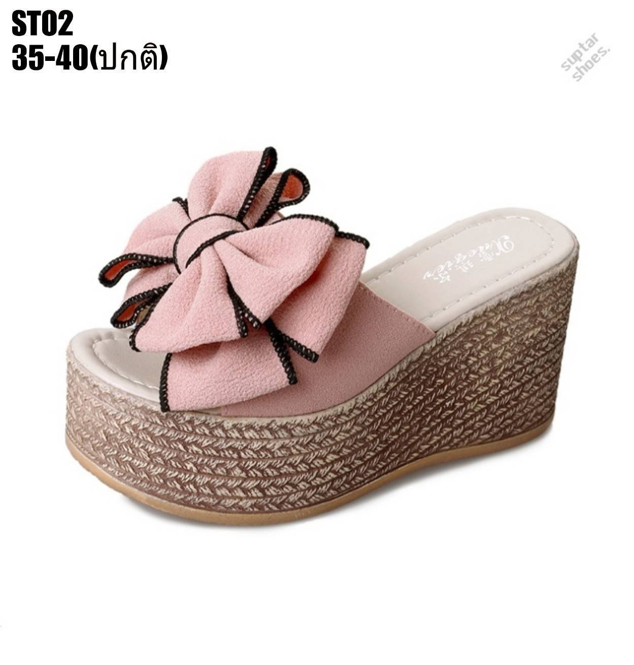 รองเท้าส้นเตารีดวนปอแต่งโบว์ (สีเขียว)