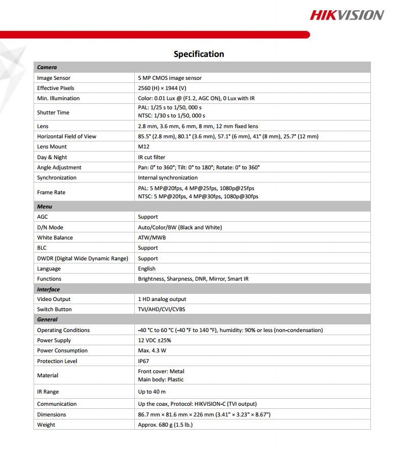 ขายถูก HIKVISION Turbo HD รุ่น DS-2CE16H0T-IT3F ความละเอียด 5 ล้านพิกเซล