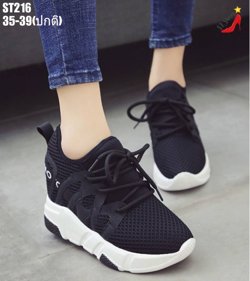 รองเท้าผ้าใบเสริมส้นแต่งupperสไตล์Sport (สีดำ)