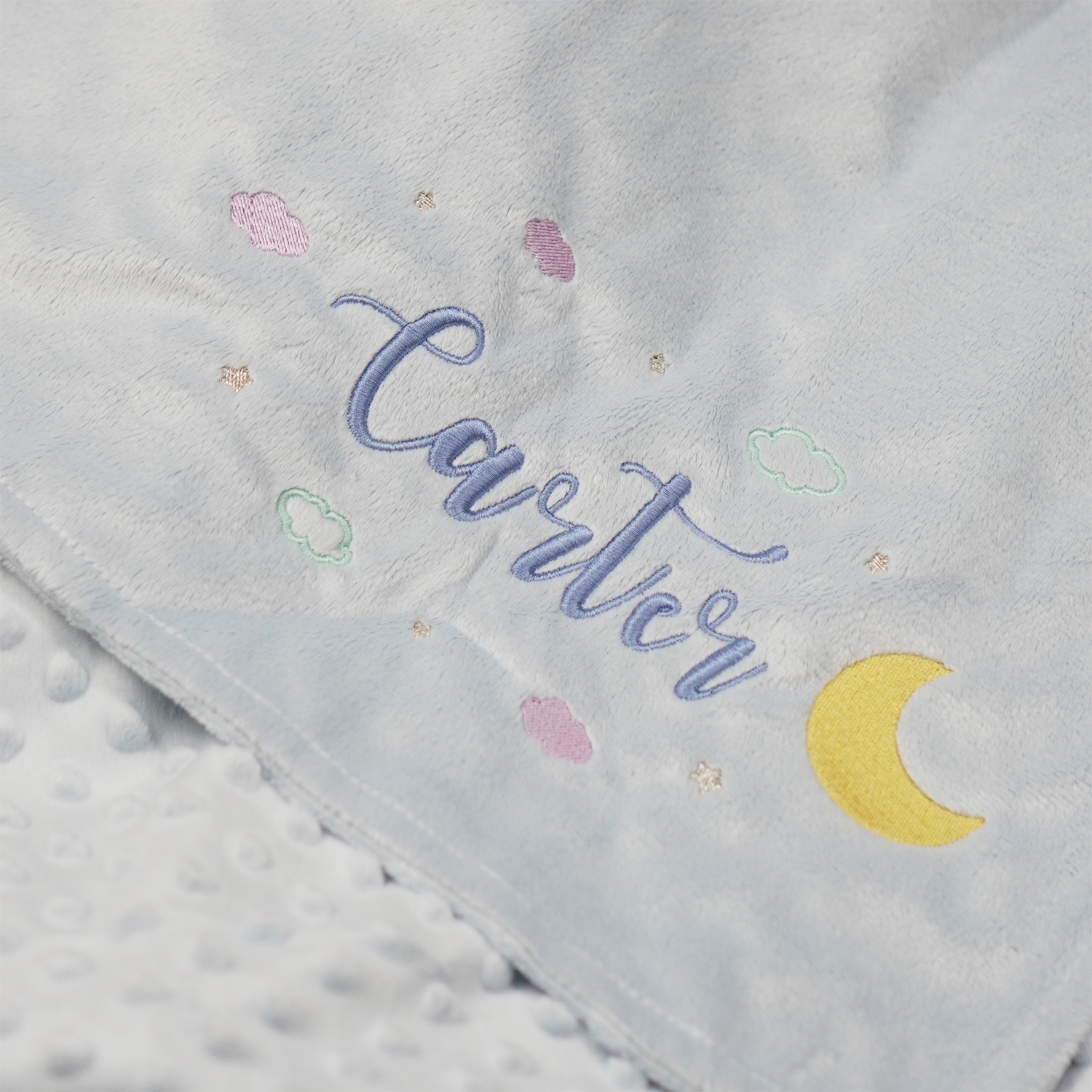 ผ้าห่ม Minky - สีฟ้า 75x100cm แบบปักชื่อ+icon - Moon&Cloud