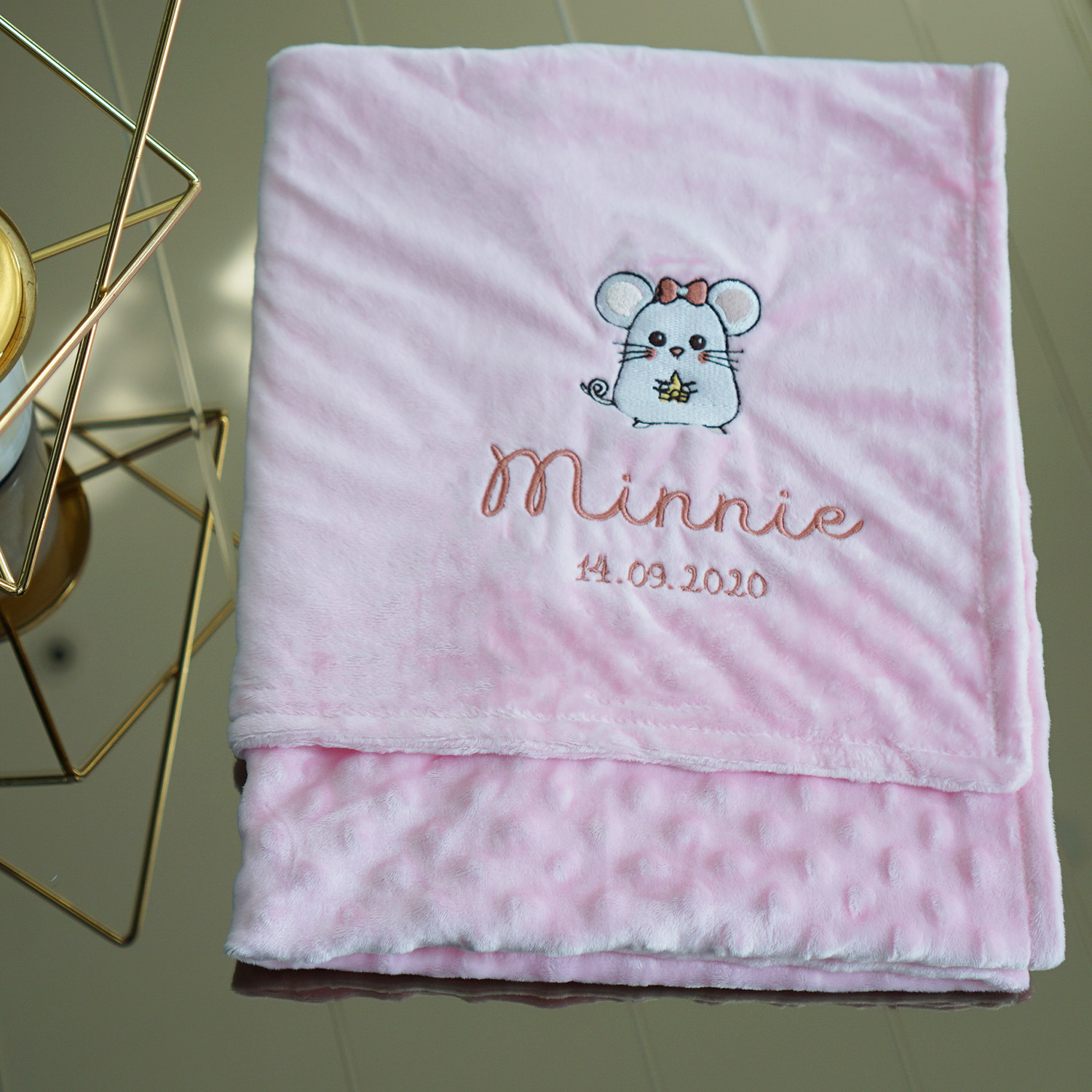ผ้าห่ม Minky - สีชมพู 75x100cm แบบปักชื่อ+การ์ตูน - Mini Mouse