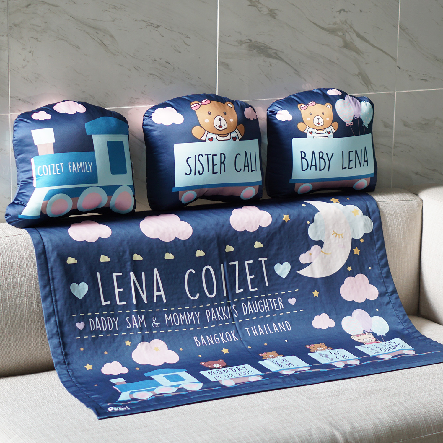 Set ผ้าห่ม+หมอน (3 ใบ) ลาย Train - Navy