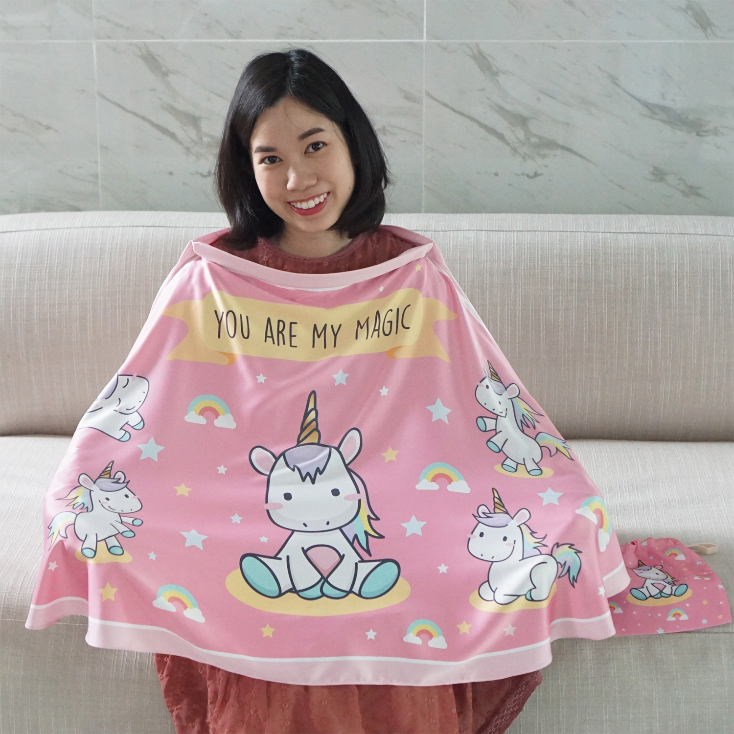 เซทของขวัญเยี่ยมคลอดแบบพร้อมส่ง (ผ้าห่ม Minky+ผ้าคลุมให้นม+หมอนรองให้นม+หมอนหลุม) ลาย Unicorn - Pink