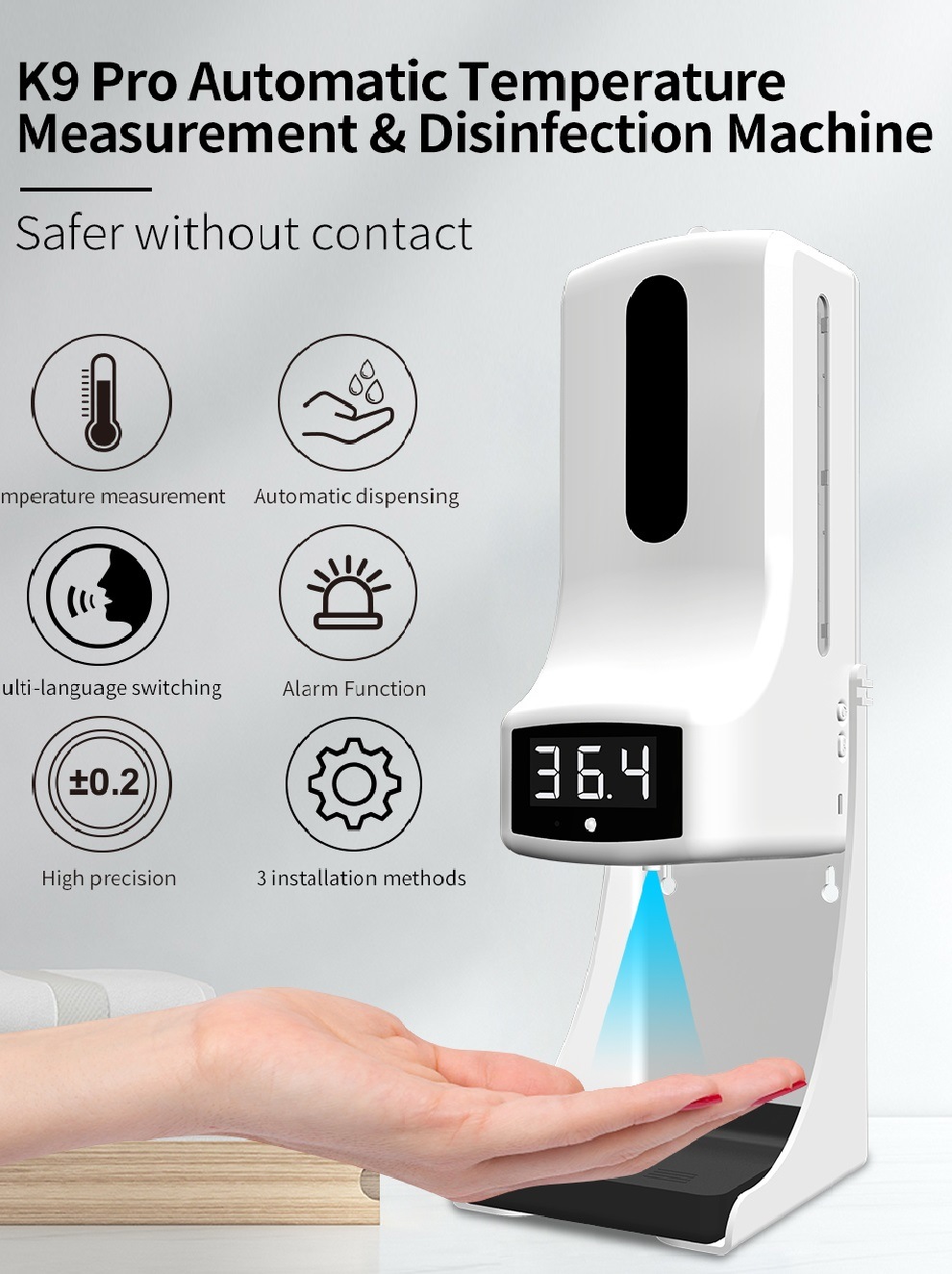 ขายถูก เครื่องจ่ายแอลกอฮอล์พร้อมที่วัดอุณหภูมิ เครื่องจ่ายแอลกอฮอล์อัตโนมัติ ( รุ่น K9 PRO ) แถมฟรี !!ขาตั้ง ประกันศูนย์ 1ปี