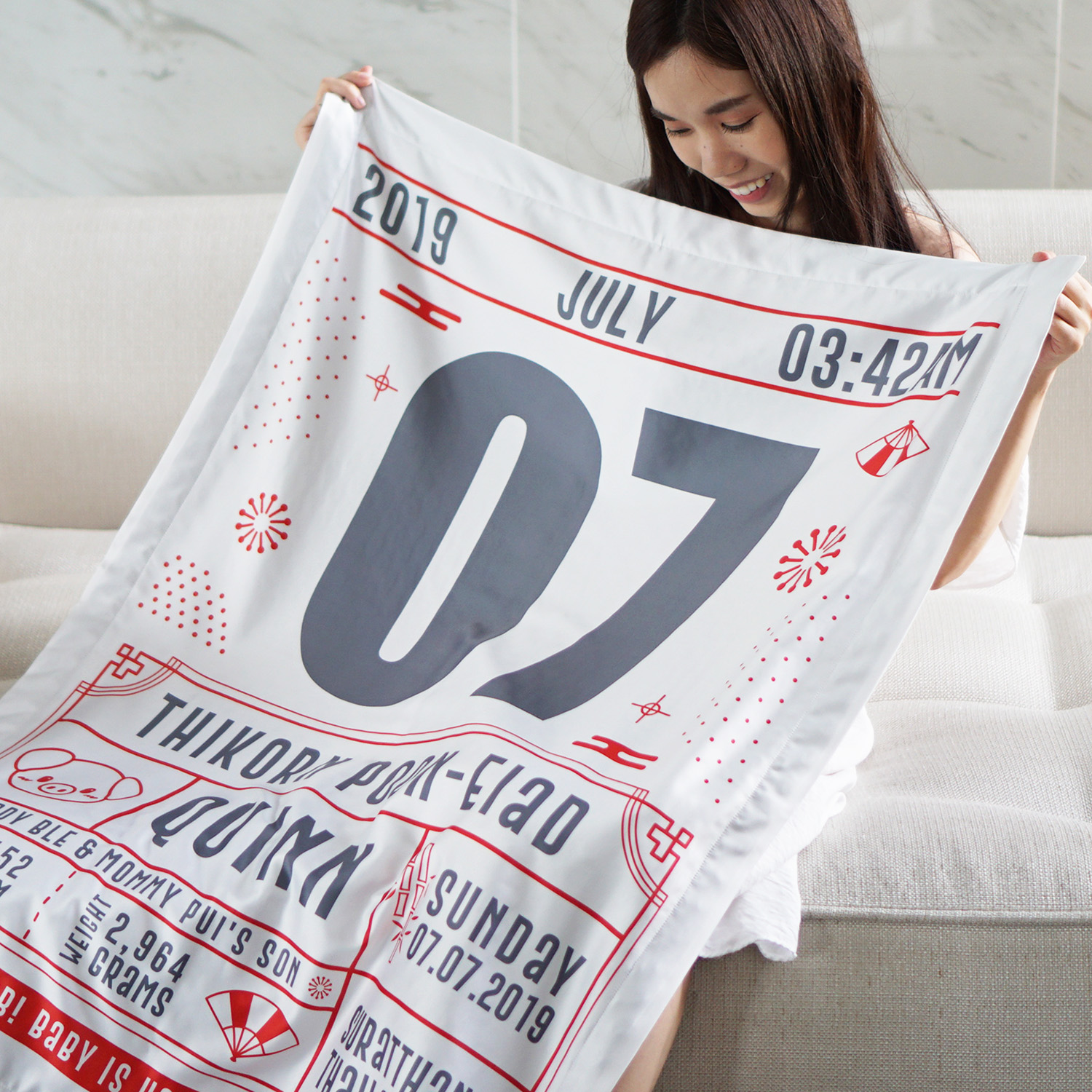 ผ้าห่มเด็ก ใส่ประวัติแรกเกิด ลาย Chinese Calendar - White/Grey