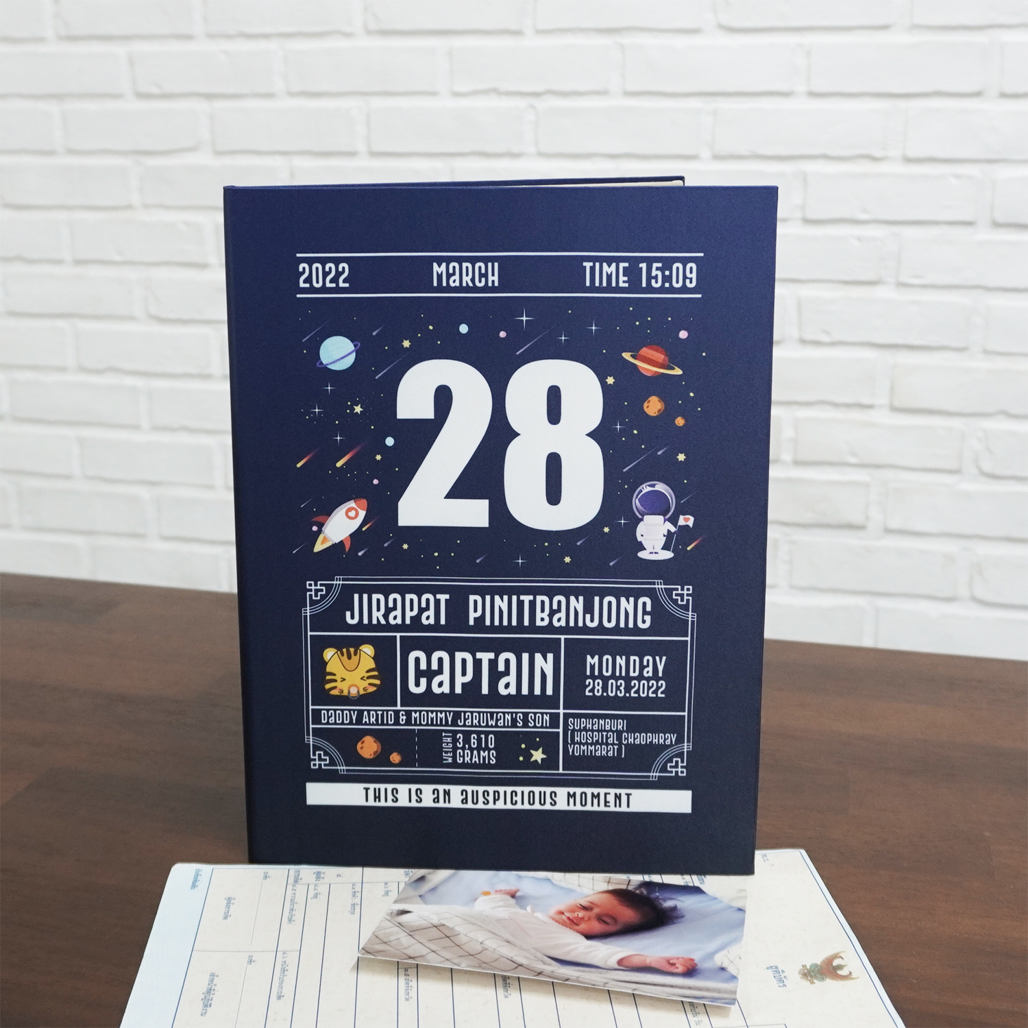 แฟ้มทะเบียนสมรส/สูติบัตร สั่งทำใส่ข้อความ ลาย Chinese Calendar - Space - Navy