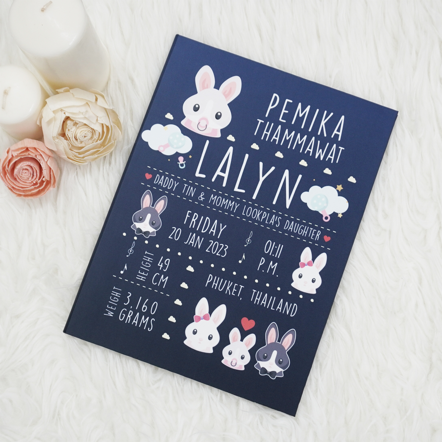แฟ้มทะเบียนสมรส/สูติบัตร สั่งทำใส่ข้อความ ลาย Rabbit - Navy