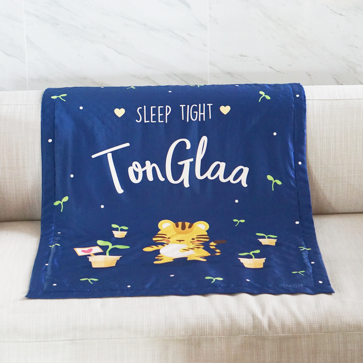 ผ้าห่มเด็ก สั่งทำใส่ชื่อ ลายเสือ ปีขาล Tiger with plants - Navy