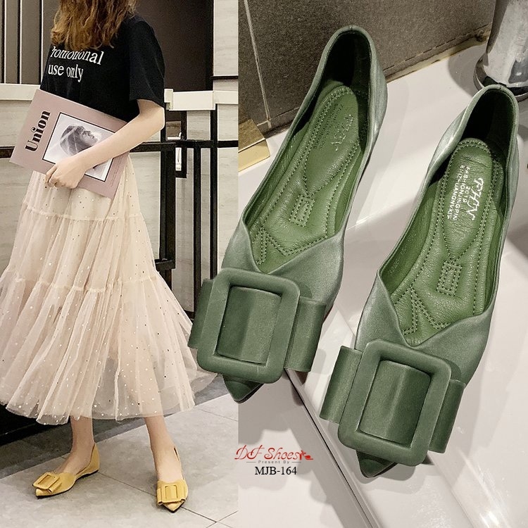 รองเท้าคัทชูส้นแบนแต่งโบว์เข็มขัด (สีเขียว)