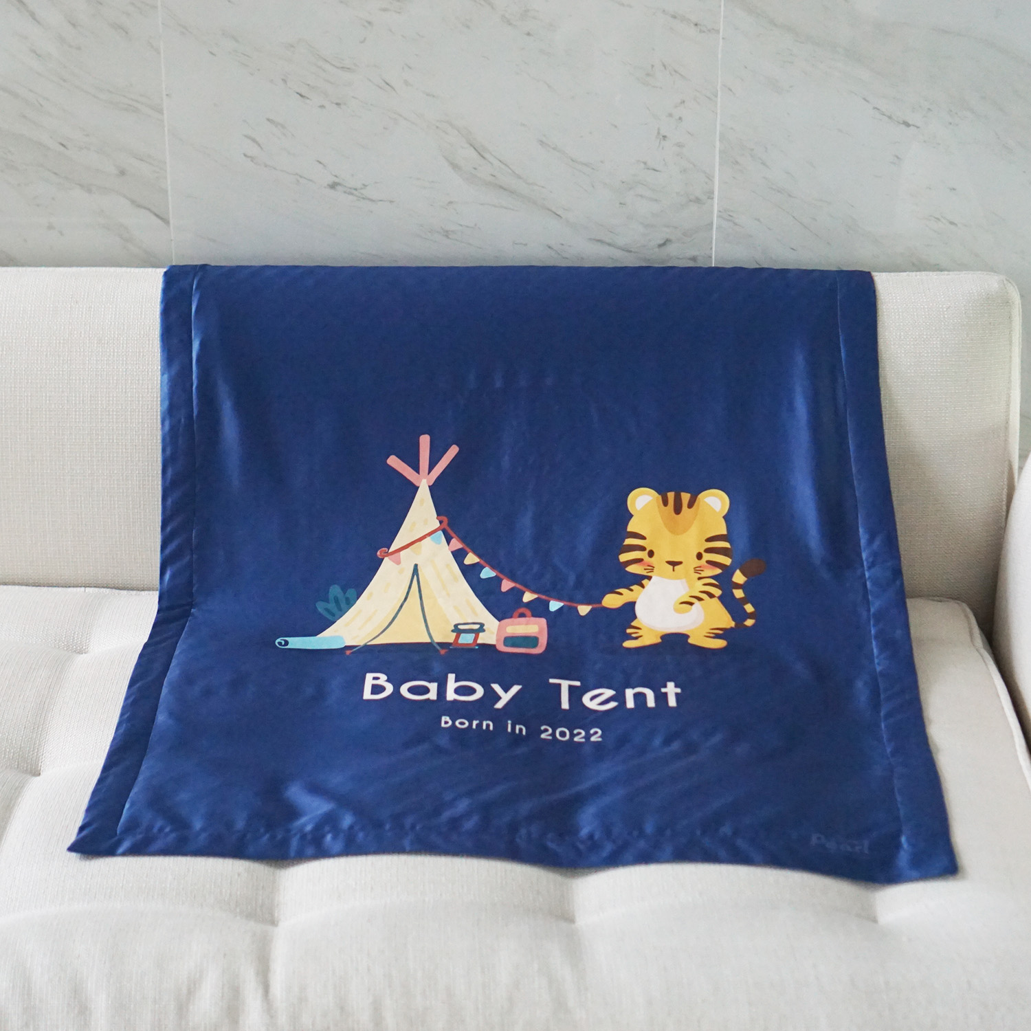 ผ้าห่มเด็ก สั่งทำใส่ชื่อ ลายเสือ ปีขาล Tiger with tent - Navy