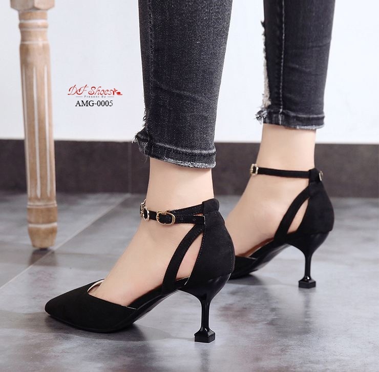 รองเท้าคัทชูส้นแจกันแต่งสายรัดข้อ (สีชมพู)