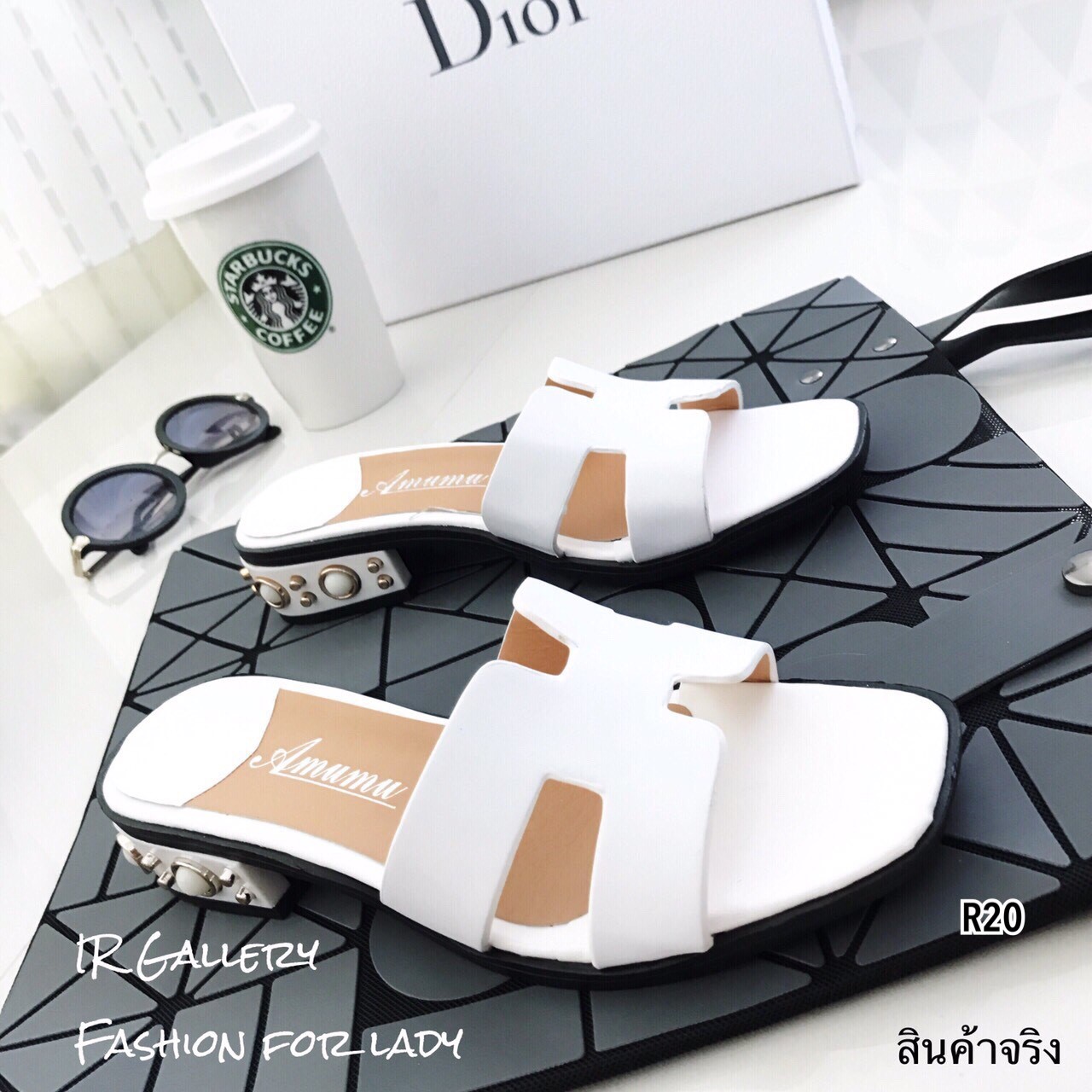 รองเท้าแตะ Style Hermes ส้นมุก (สีดำ)