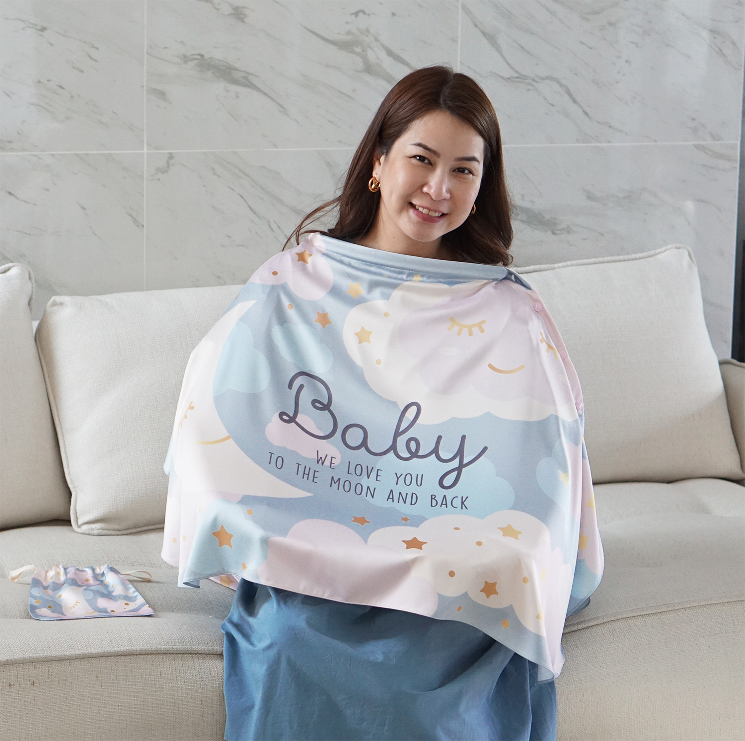 ผ้าคลุมให้นม (รุ่นมีกระดุม ถอดโครงได้) พร้อมส่ง ลาย Moon - Grey