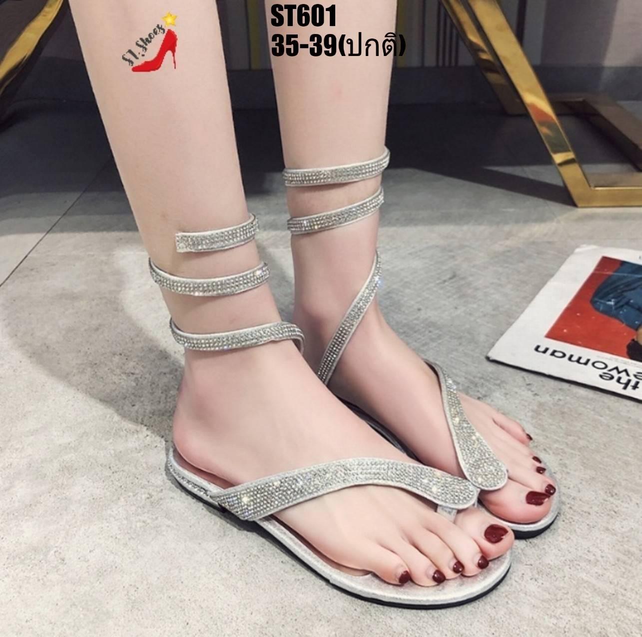 รองเท้าแตะคีบสปริงแต่งเพชร (สีเงิน)