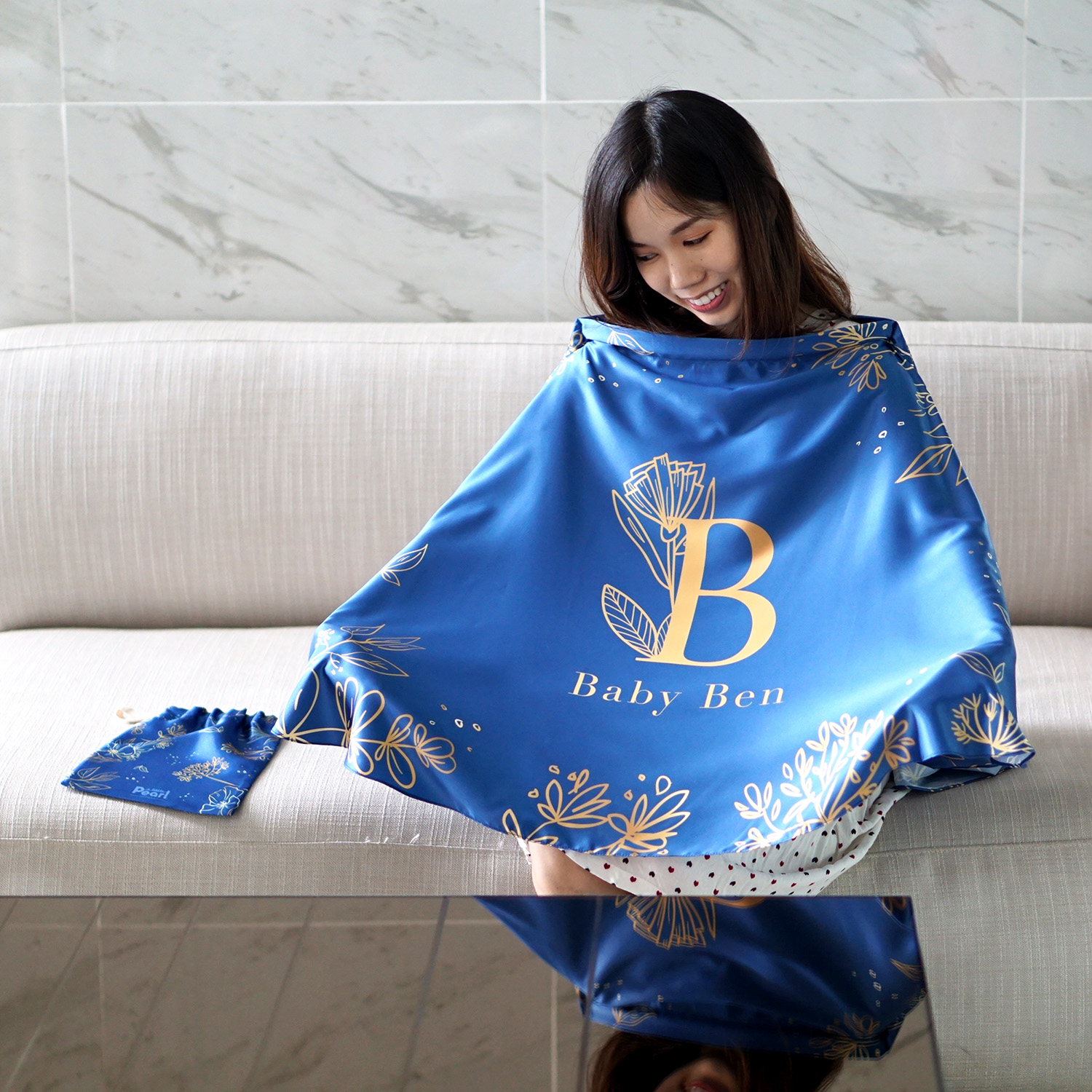 ผ้าคลุมให้นม สั่งทำใส่ชือ ลาย Botanical - Dark Blue