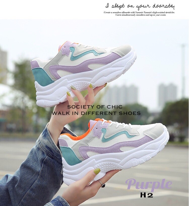 รองเท้าผ้าใบเสริมส้นทรง Sportแต่งลาย (สีชมพู)