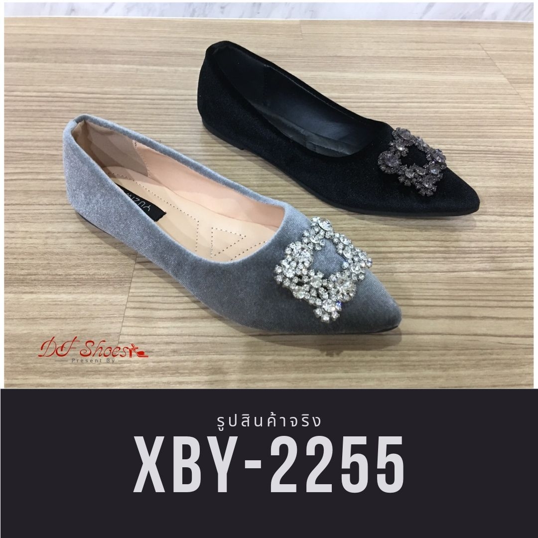 รองเท้าคัทชูส้นแบนแต่งคริสตัล (สีเทา)