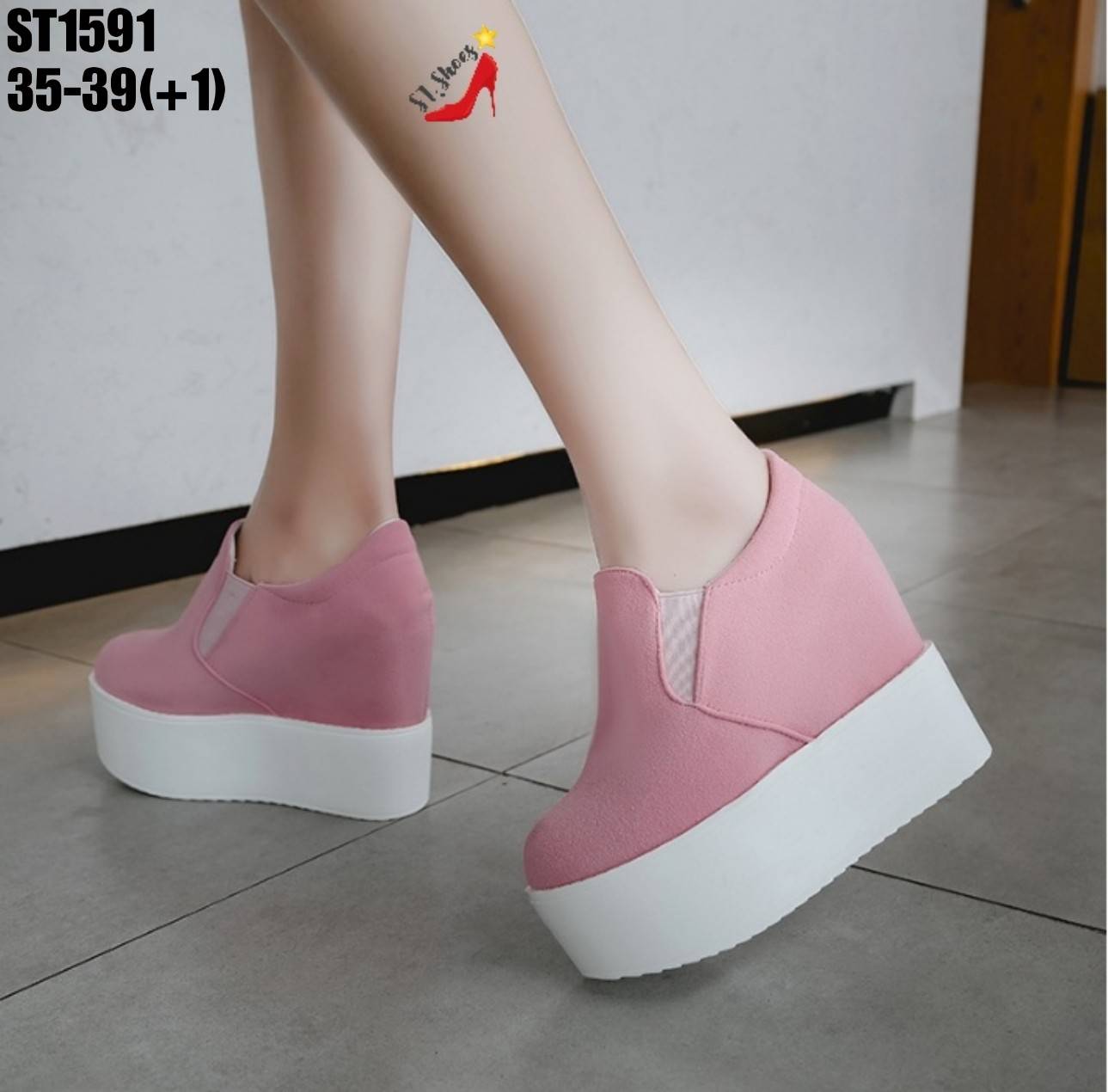 รองเท้าผ้าใบเสริมส้นแบบสวมสไตล์แฟชั่นเกาหลี (สีดำ)