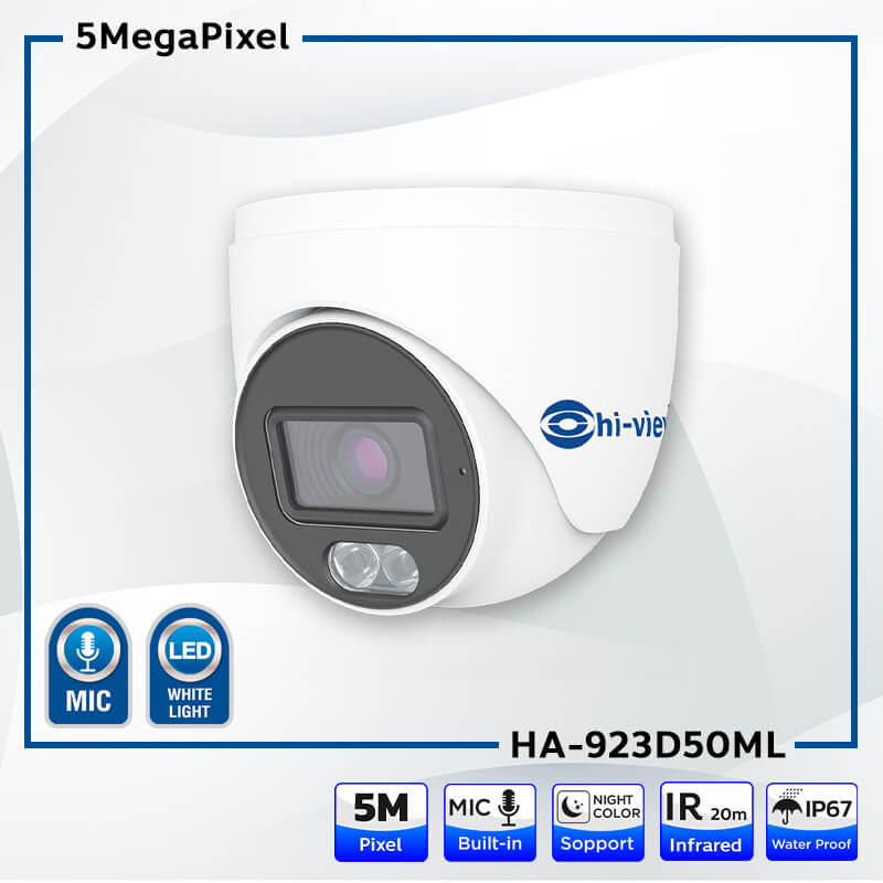 ขายถูก Hi-view HA-923D50ML (Hiview Dome Camera Night Color Mic-Built-in 5 MP 3 in 1) กล้องวงจรปิดไฮวิว 5 ล้านพิกเซล บันทึกภาพสี 24 ชั่วโมง มีไมค์ในตัว บันทึกภาพและเสียง ใช้งานภายใน ประกันศูนย์