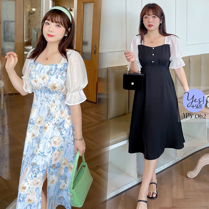 ชุดเดรสยาวสาวอวบ อก 40-49นิ้ว แต่งกระดุมมุก3เม็ด แขนตุ๊กตา เอวยืดด้านหลัง กระโปรงผ่าหน้า ดำขาว/ฟ้าครีม YPS-062
