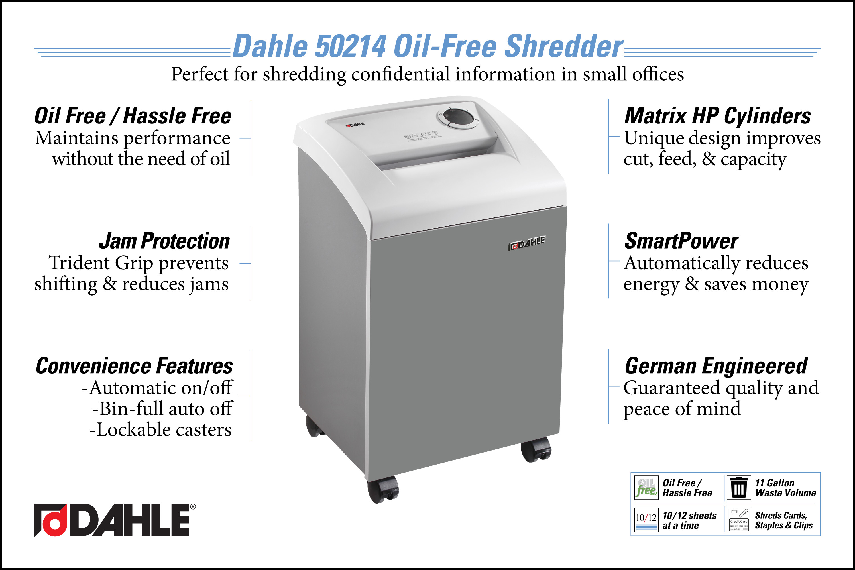 ขายถูก เครื่องทำลายเอกสาร DAHLE รุ่น 50214 ตัดครั้งละ 9 แผ่น/ครั้ง ( A4/70) Cross Cut โดยไม่ต้องเติมน้ำมัน