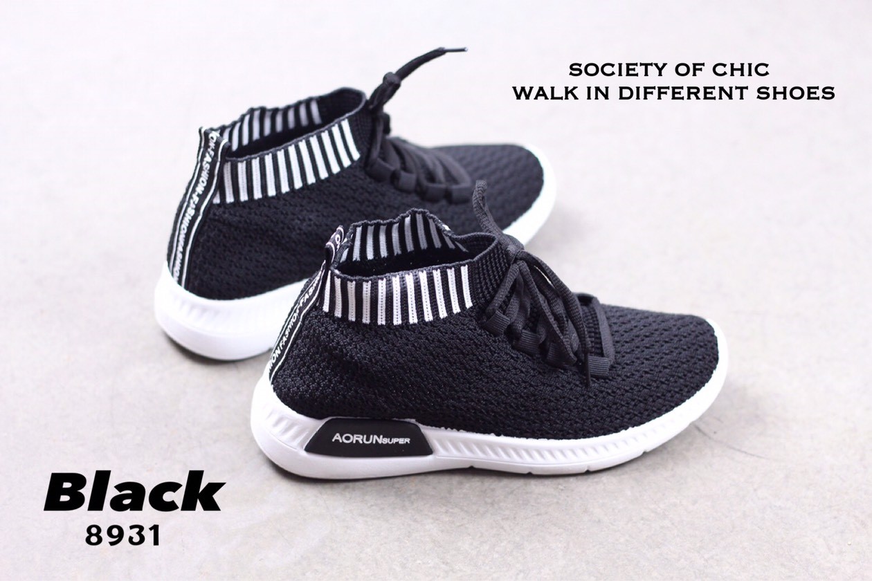 รองเทเา้ผ้าใบสไตล์Sportแต่งขอบถุงเท้าลายทาง (สีชมพู)