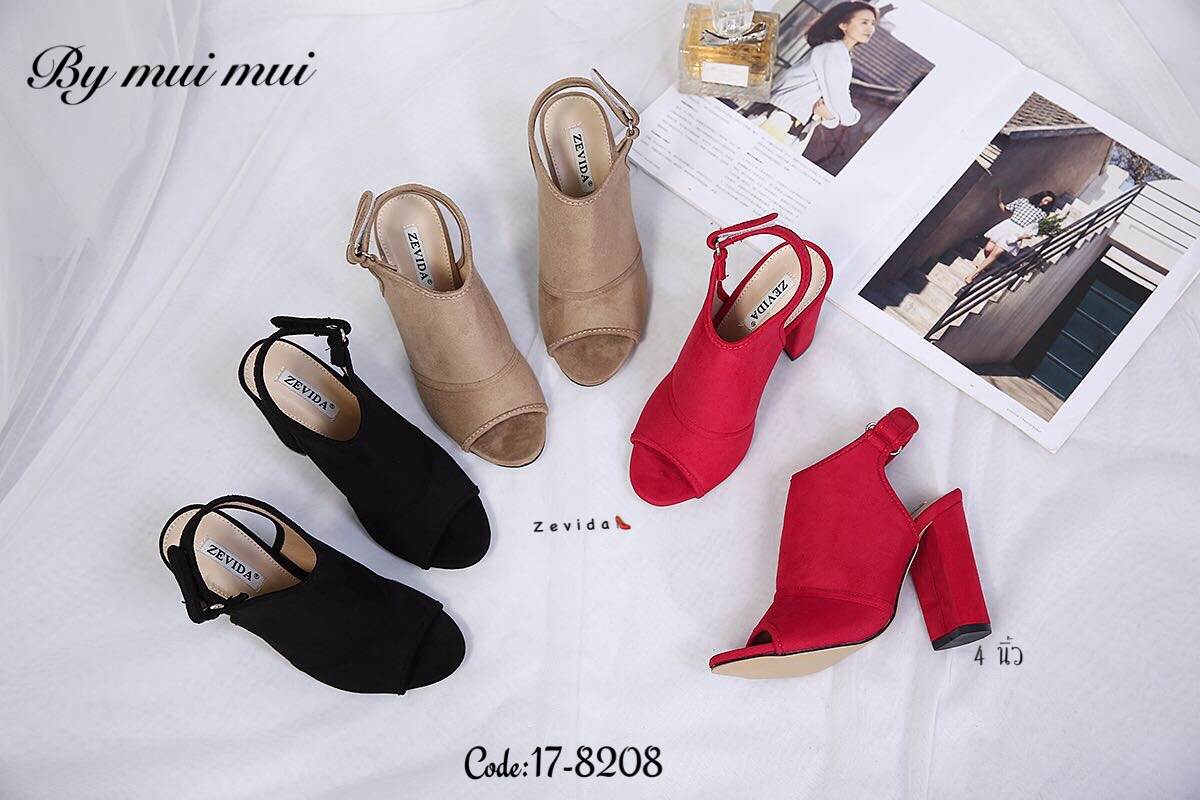 รองเท้าส้นสูงเปิดส้นแต่งเมจิกเทป (สีครีม)