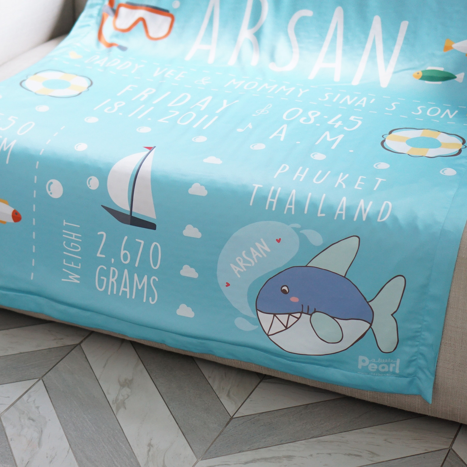 ผ้าห่ม ใส่ประวัติแรกเกิด ลายฉลาม Shark - Turquoise