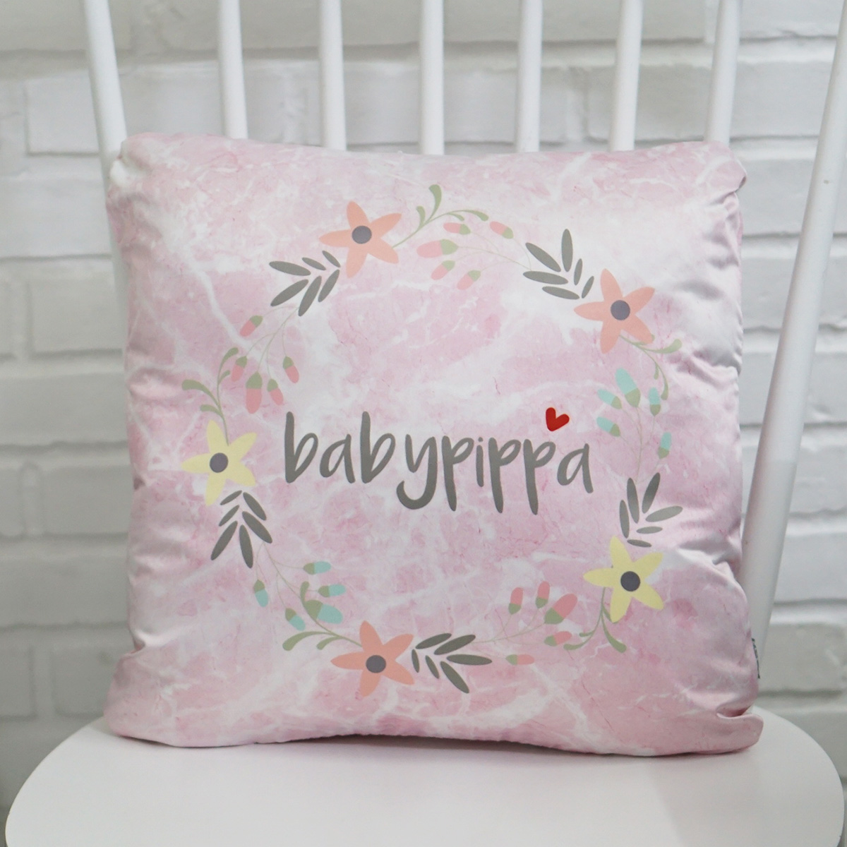 หมอนอิงสั่งทำใส่ชื่อ ลาย Pink Marble - Floral Frame - Grey (ราคาต่อใบ)