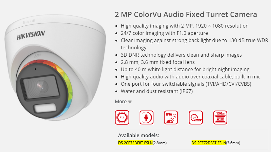 ขายถูก HIKVISION DS-2CE72DF8T-FSLN (3.6mm) กล้องวงจรปิด HDTVI ColorVu 2MP (ไมค์) สินค้าประกันศูนย์